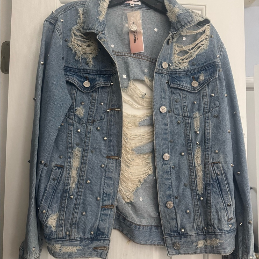 Light Blue Distressed Studded Denim Jacket - Women